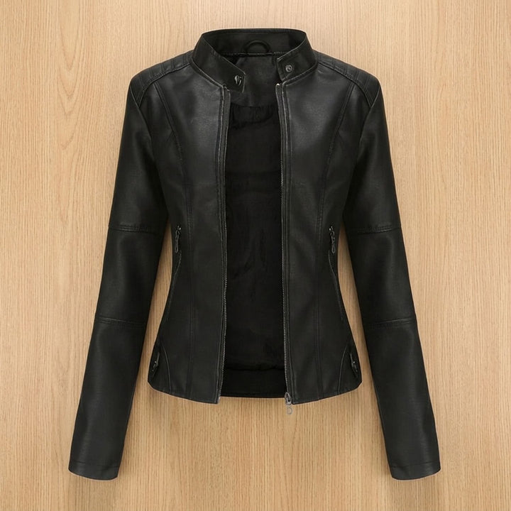 Damen Slim-Fit Kunstleder-Bikerjacke mit Reißverschluss - Schwarz