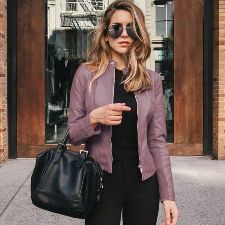 Damen Slim-Fit Kunstleder Bikerjacke mit Reißverschluss - Lila