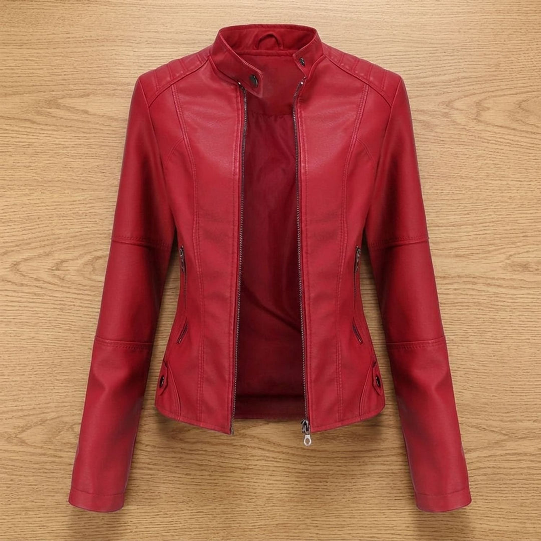 Damen Slim-Fit Kunstleder-Bikerjacke mit Reißverschluss - Rot
