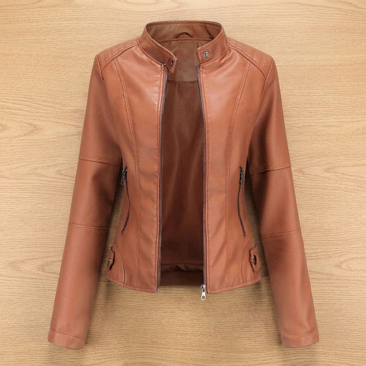 Damen Slim-Fit Kunstleder-Bikerjacke mit Reißverschluss - Kamelbraun