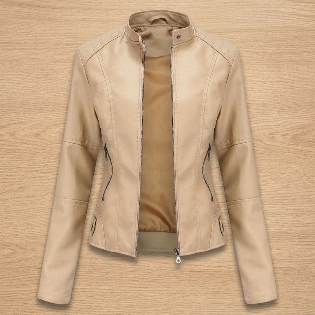 Damen Slim-Fit Kunstleder-Bikerjacke mit Reißverschluss - Beige