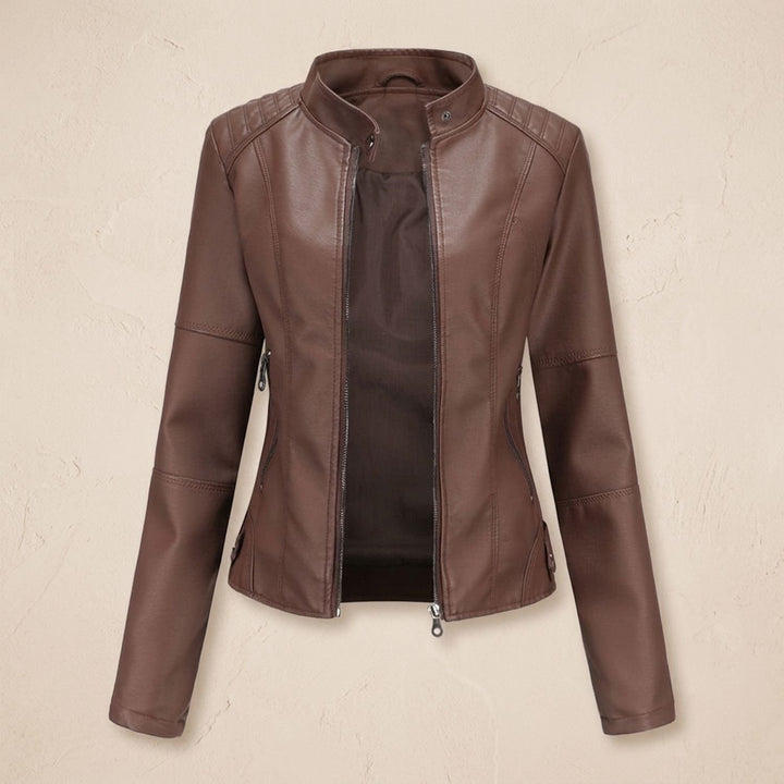 Damen Slim-Fit Kunstleder-Bikerjacke mit Reißverschluss - Braun