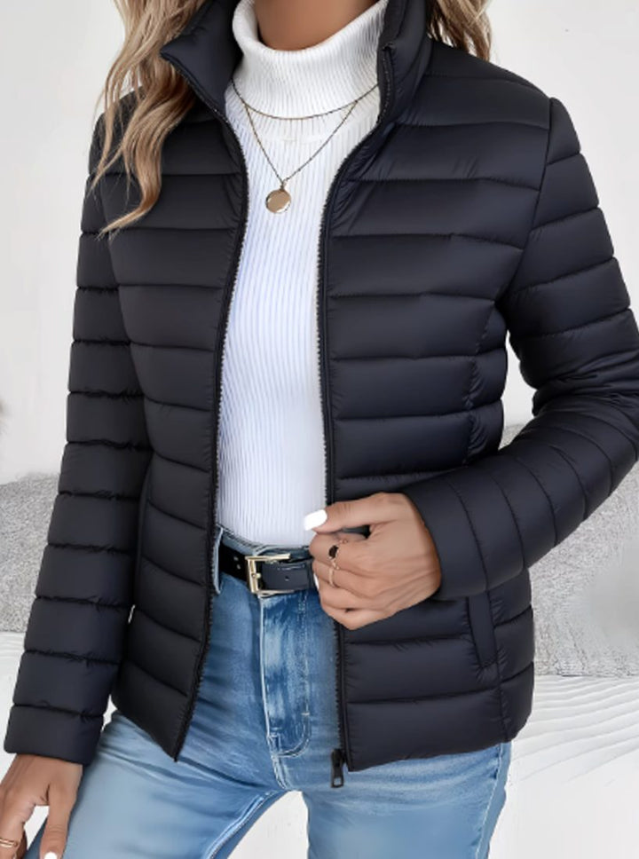 Damen Slim-Fit Steppjacke mit Stehkragen Leichte Winterjacke - Schwarz
