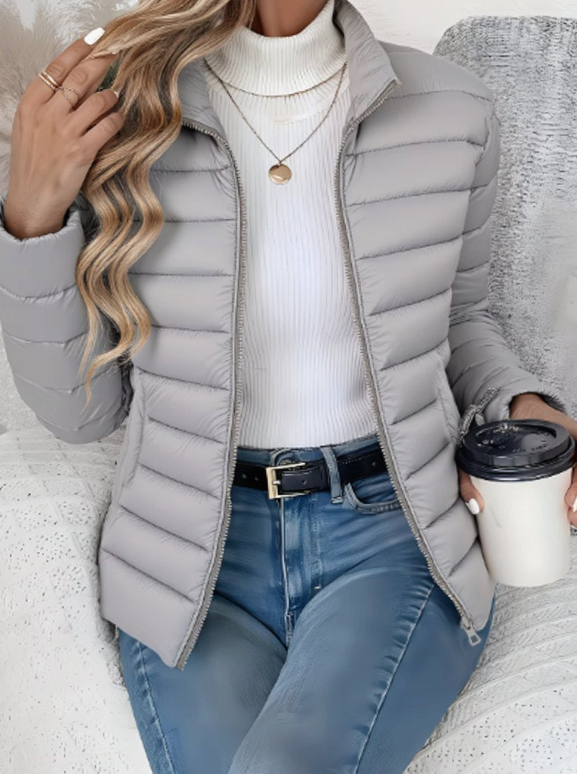 Damen Slim-Fit Steppjacke mit Stehkragen Leichte Winterjacke - Grau