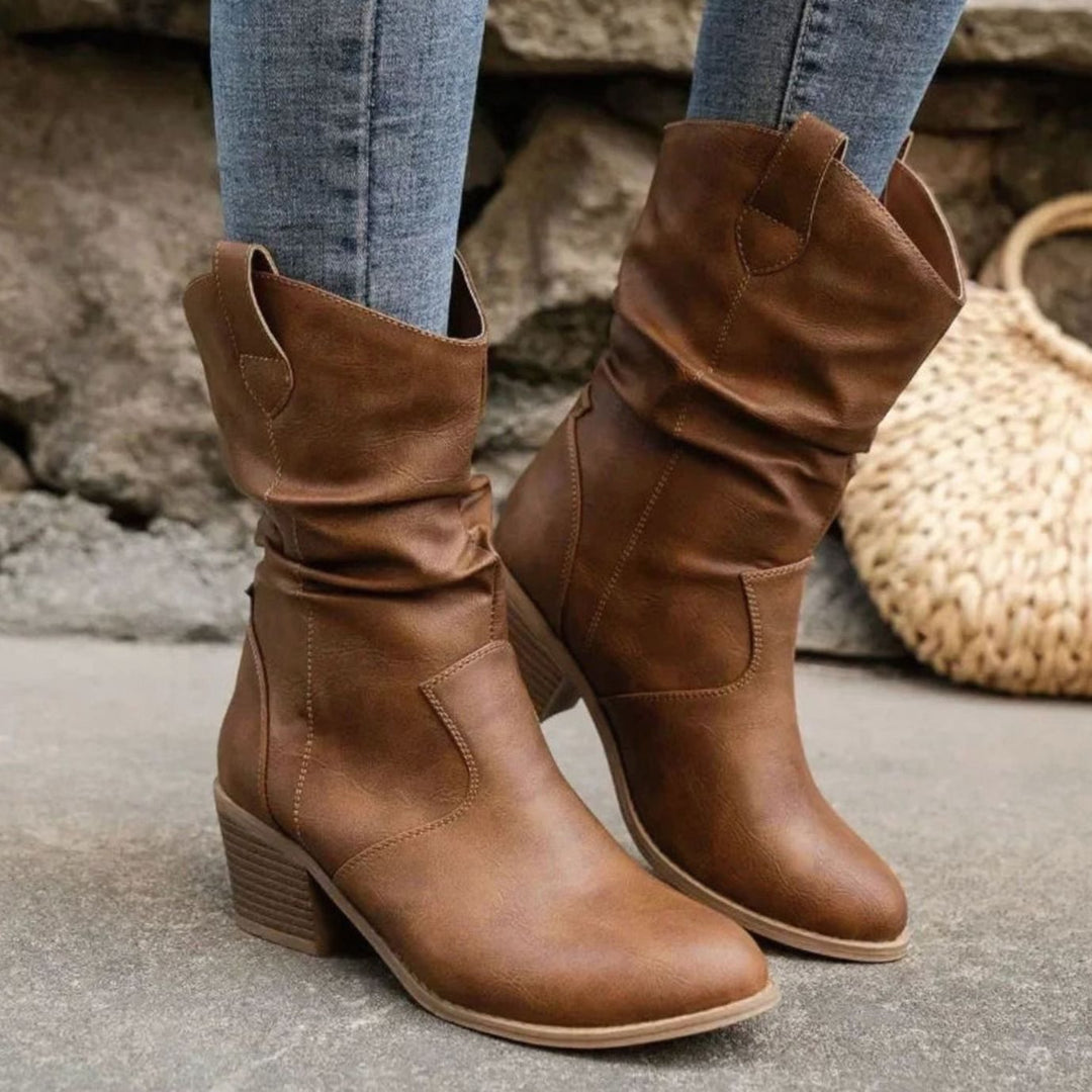Damen Slouch-Stiefel mit Blockabsatz im Western-Stil