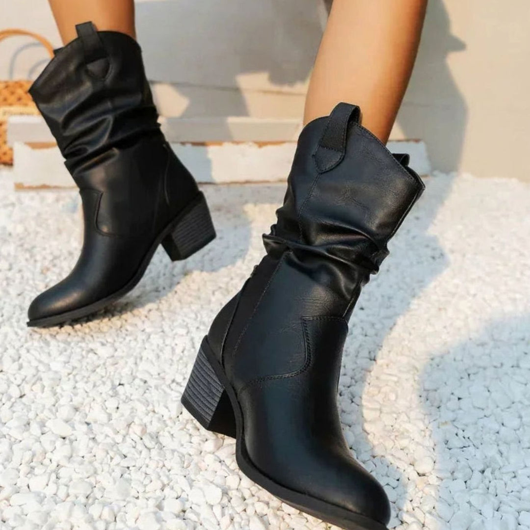 Damen Slouch-Stiefel mit Blockabsatz im Western-Stil