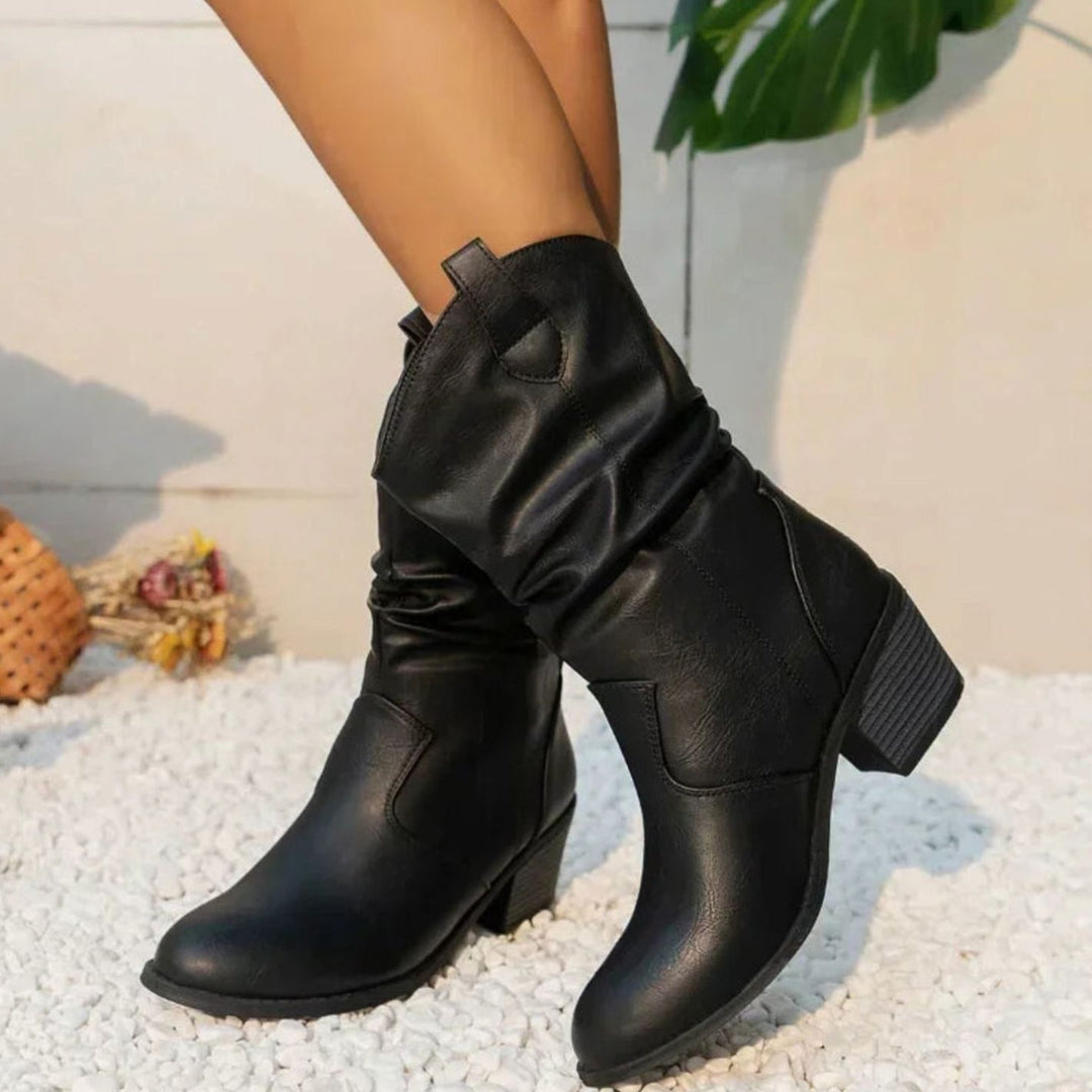 Damen Slouch-Stiefel mit Blockabsatz im Western-Stil