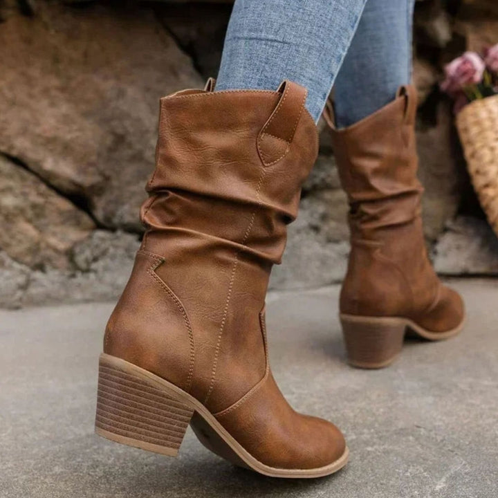 Damen Slouch-Stiefel mit Blockabsatz im Western-Stil