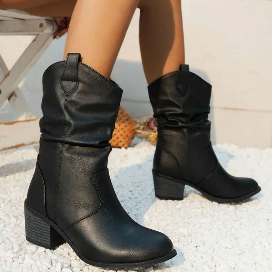 Damen Slouch-Stiefel mit Blockabsatz im Western-Stil