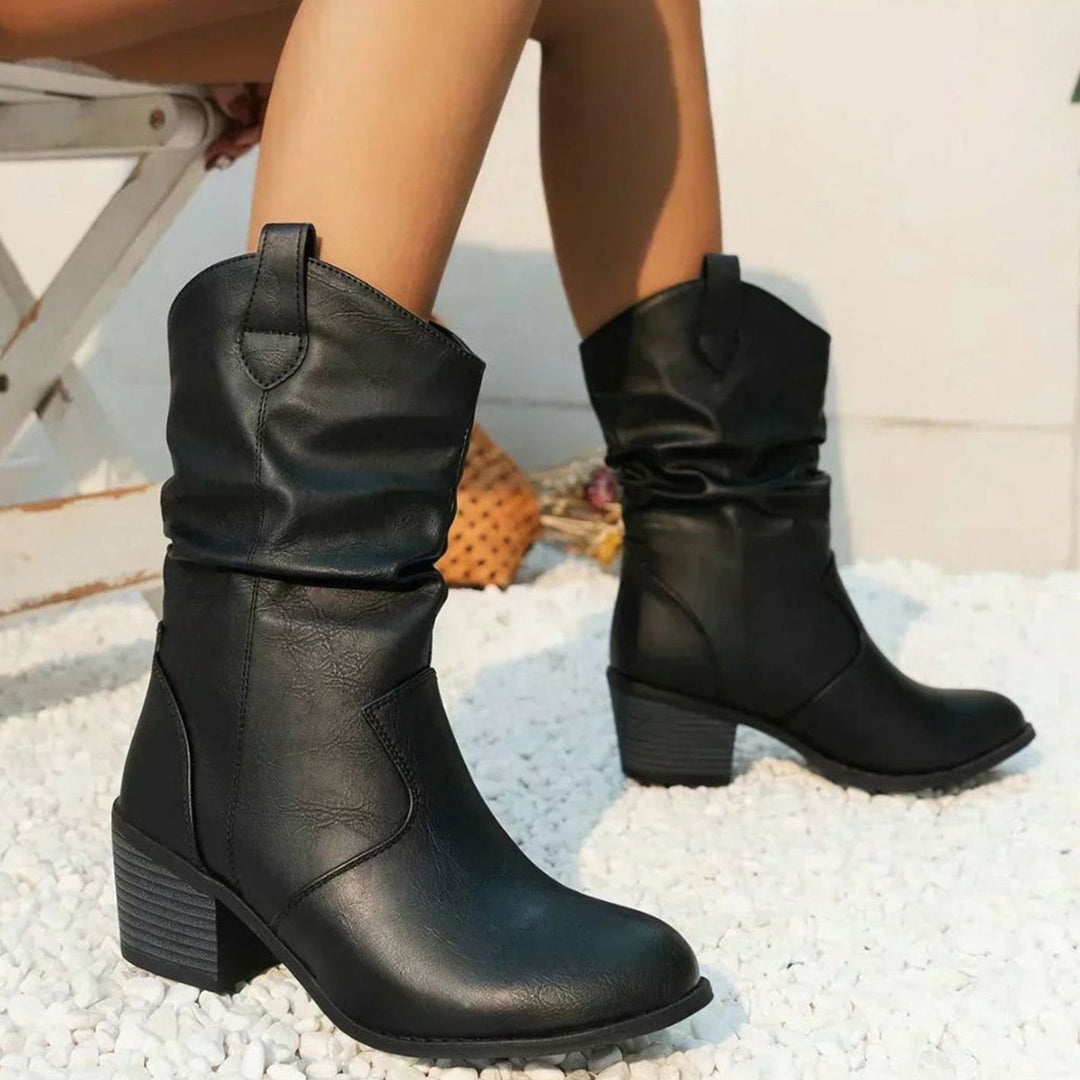 Damen Slouch-Stiefel mit Blockabsatz im Western-Stil - Schwarz