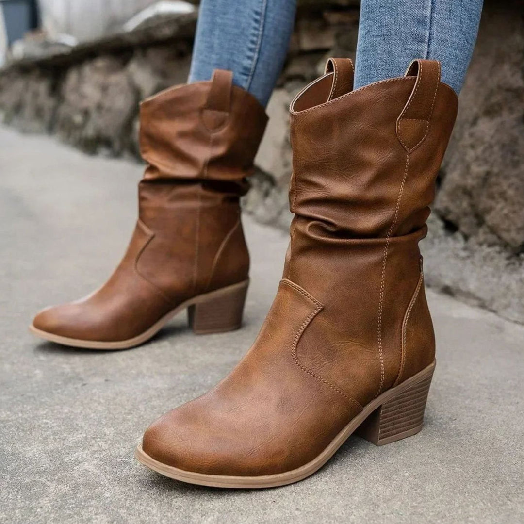 Damen Slouch-Stiefel mit Blockabsatz im Western-Stil - Braun