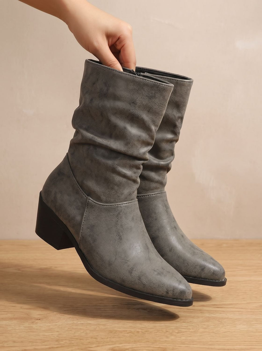 Damen Slouch-Stiefeletten Kunstleder Blockabsatz Spitze Kappe - Grau