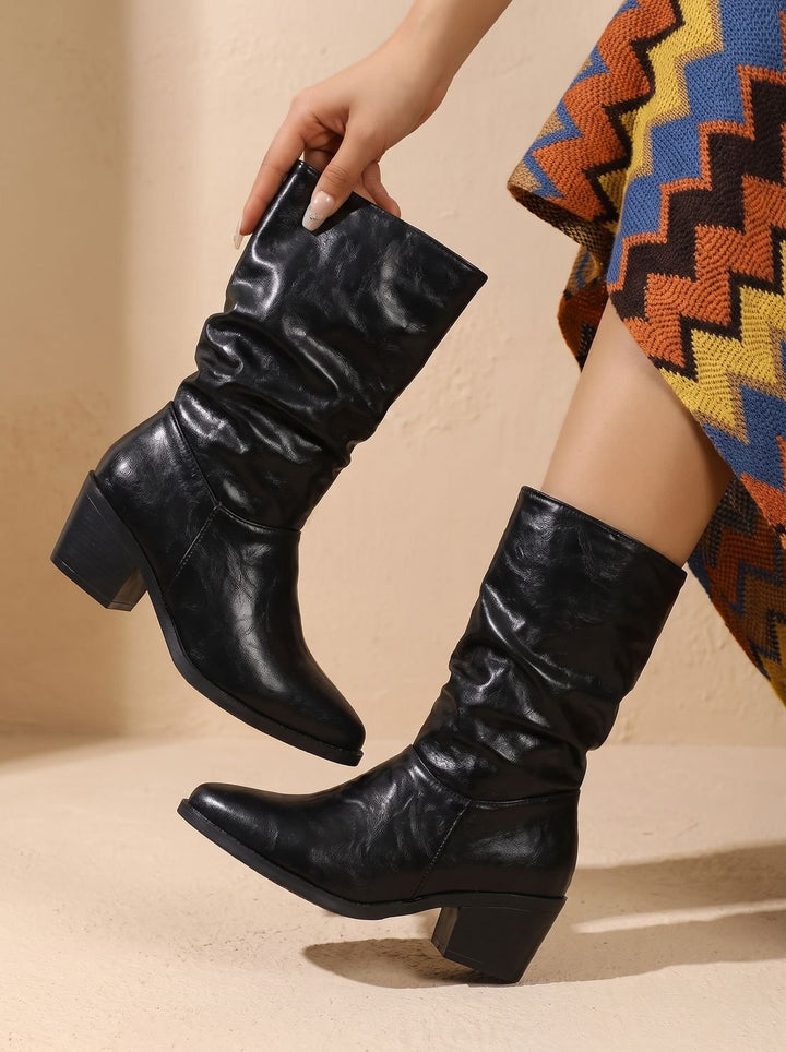 Damen Slouch-Stiefeletten Kunstleder Blockabsatz Spitze Kappe - Schwarz