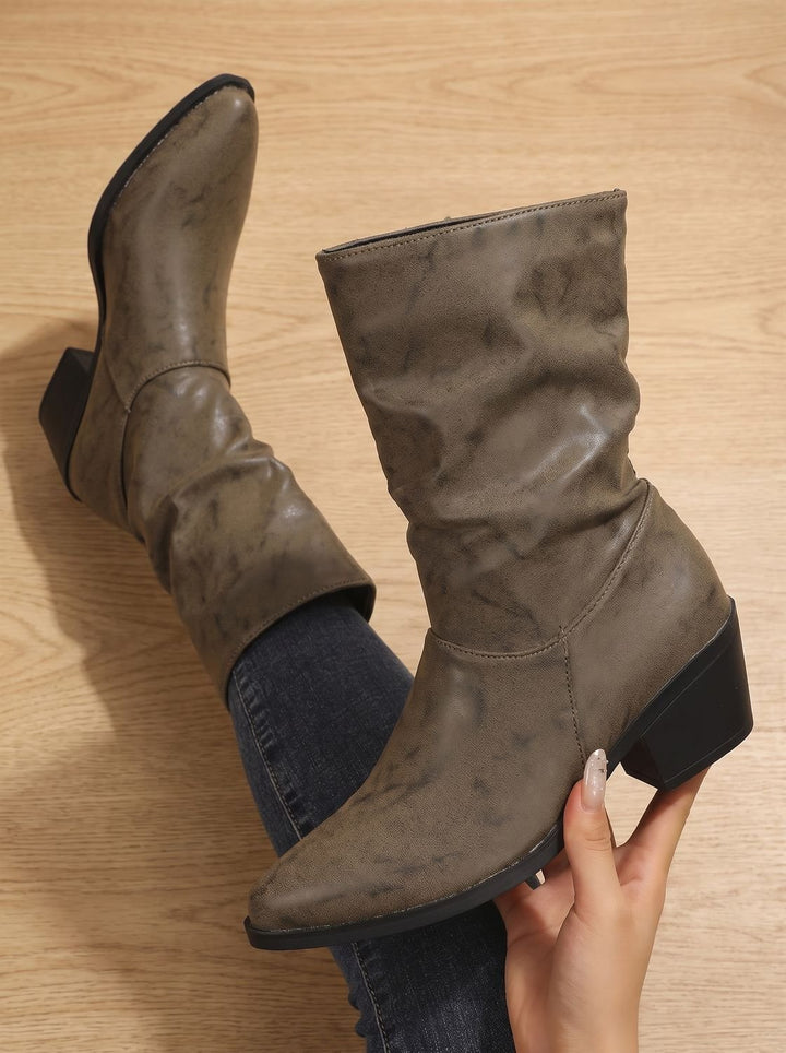 Damen Slouch-Stiefeletten Kunstleder Blockabsatz Spitze Kappe - Khaki