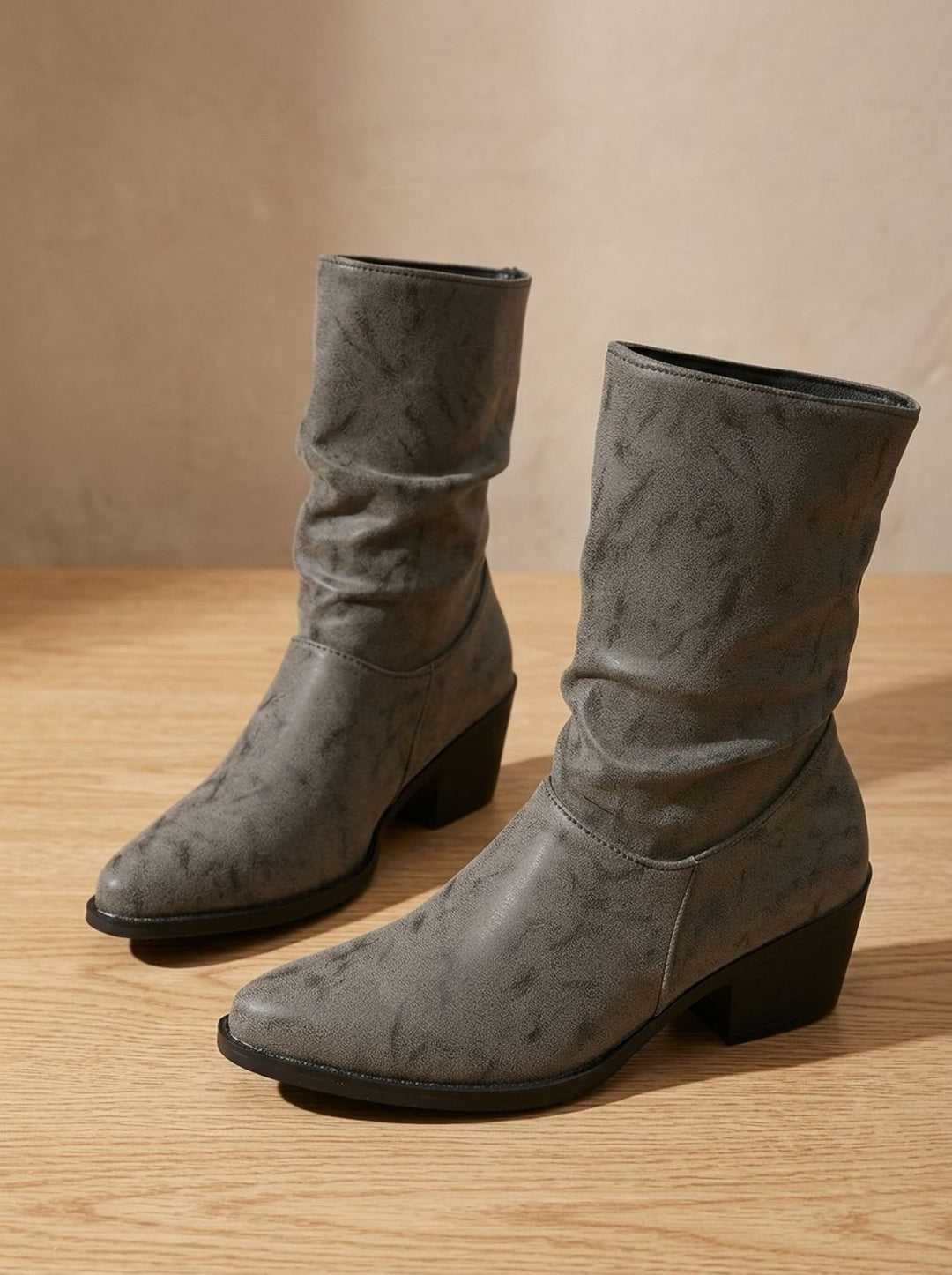 Damen Slouch-Stiefeletten Kunstleder Blockabsatz Spitze Kappe