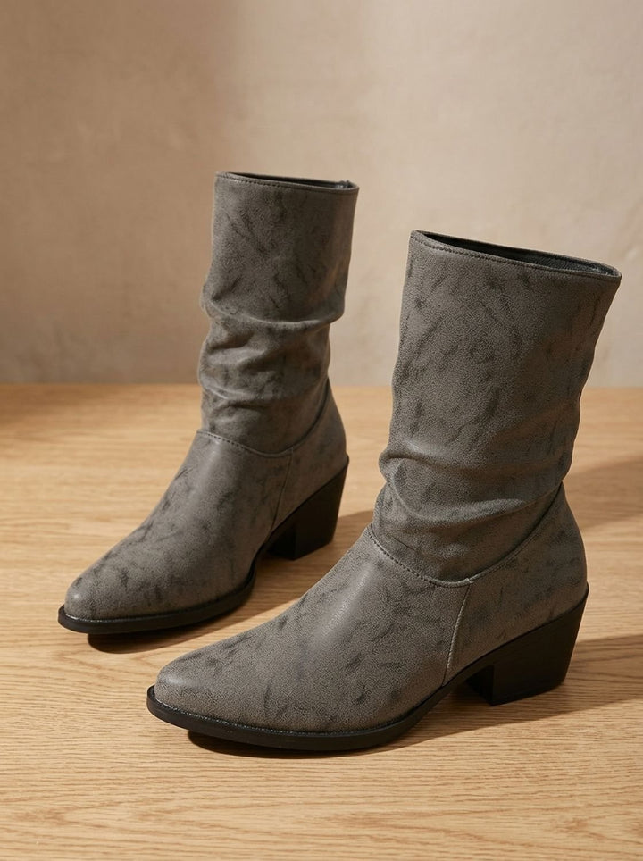 Damen Slouch-Stiefeletten Kunstleder Blockabsatz Spitze Kappe