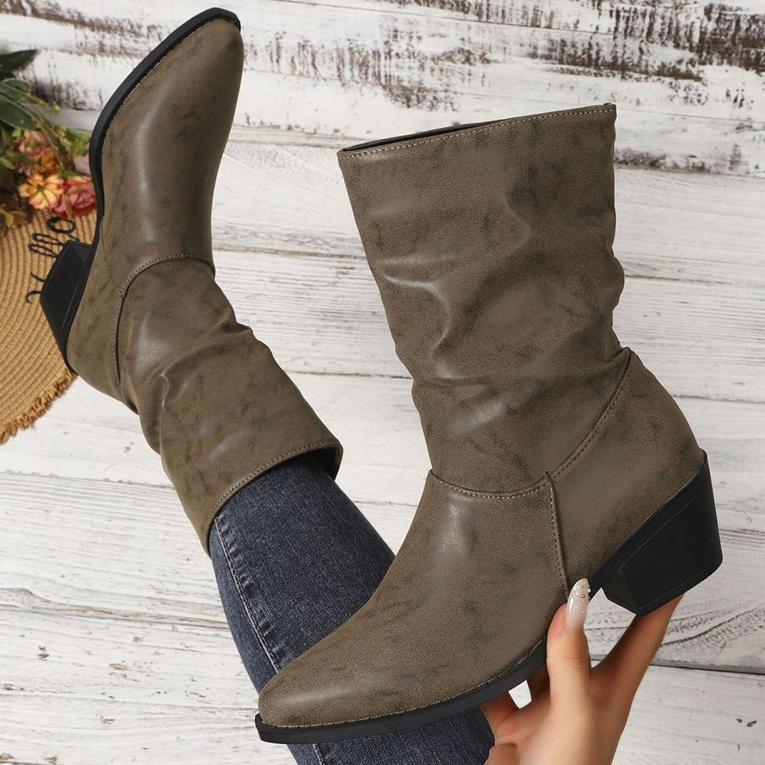 Damen Slouch-Stiefeletten mit Blockabsatz aus Kunstleder - Khaki