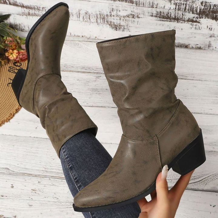 Damen Slouch-Stiefeletten mit Blockabsatz aus Kunstleder - Khaki