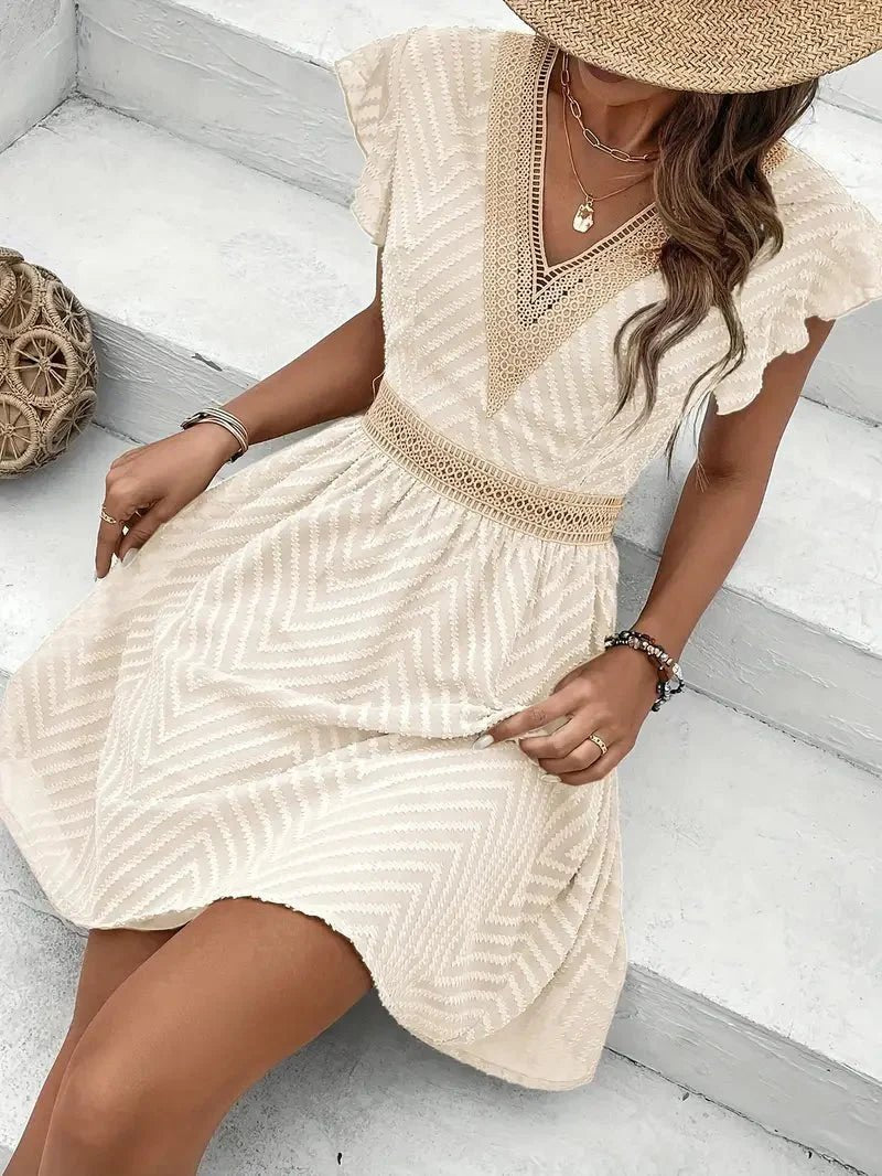 Damen Sommerkleid V-Ausschnitt Spitzendetail Kurzarm