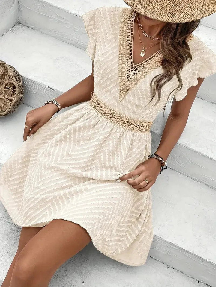 Damen Sommerkleid V-Ausschnitt Spitzendetail Kurzarm