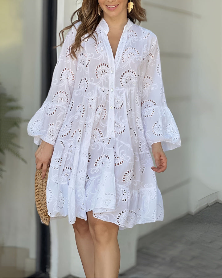 Damen Sommerkleid Weißes Lochstickerei-Blusenkleid Langarm - White