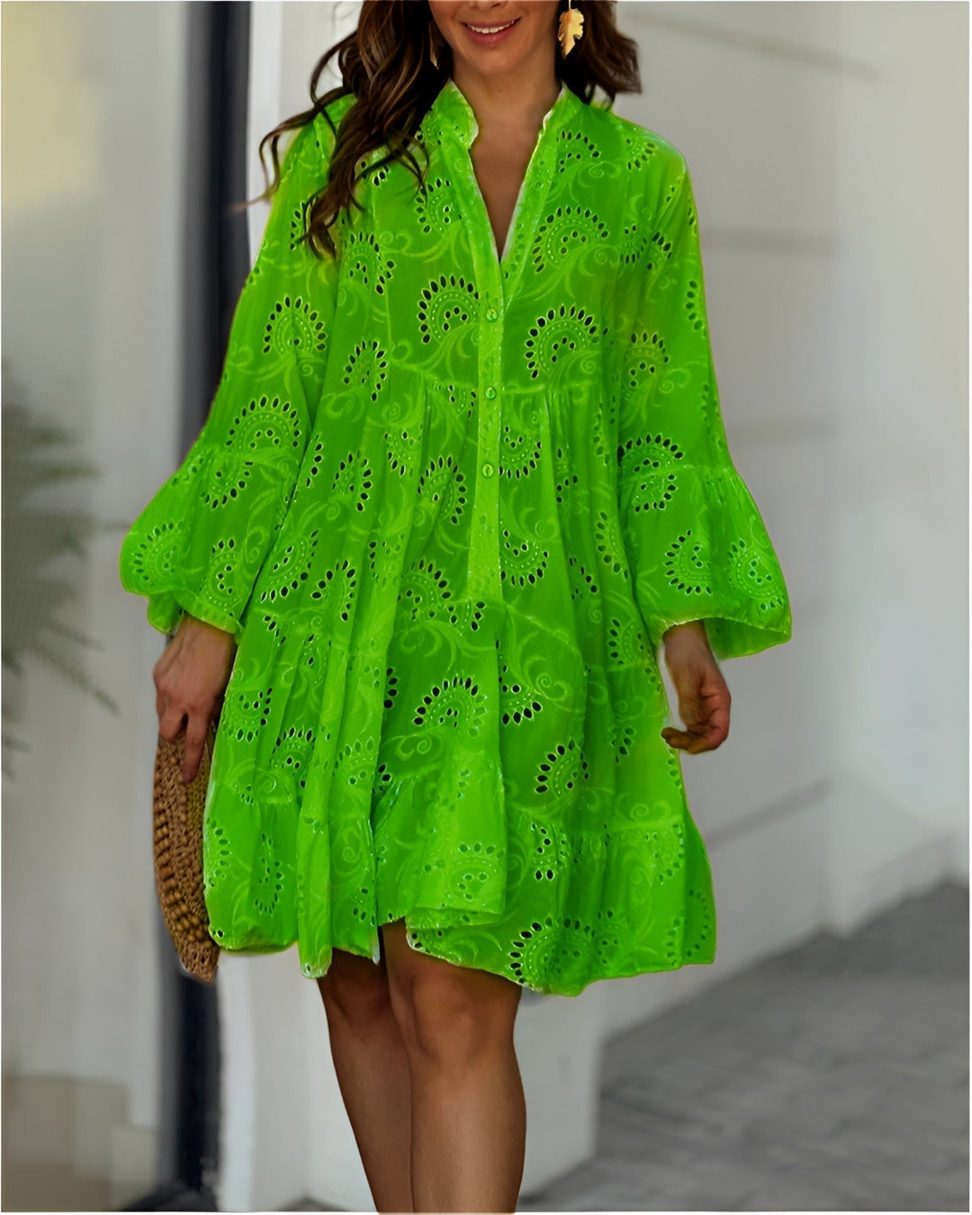 Damen Sommerkleid Weißes Lochstickerei-Blusenkleid Langarm - Green