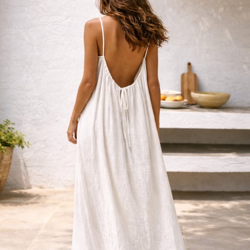 Damen Spaghetti-Träger Maxi-Sommerkleid Weitgeschnitten mit Taschen - Weiß