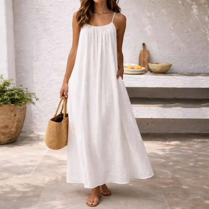Damen Spaghetti-Träger Maxi-Sommerkleid Weitgeschnitten mit Taschen