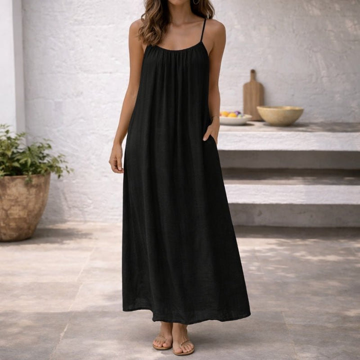 Damen Spaghetti-Träger Maxi-Sommerkleid Weitgeschnitten mit Taschen