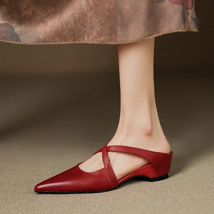Damen Spitze Echtleder Kreuzriemen Mules mit Absatz - Red
