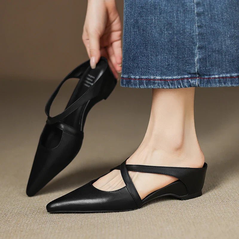 Damen Spitze Echtleder Kreuzriemen Mules mit Absatz - Black