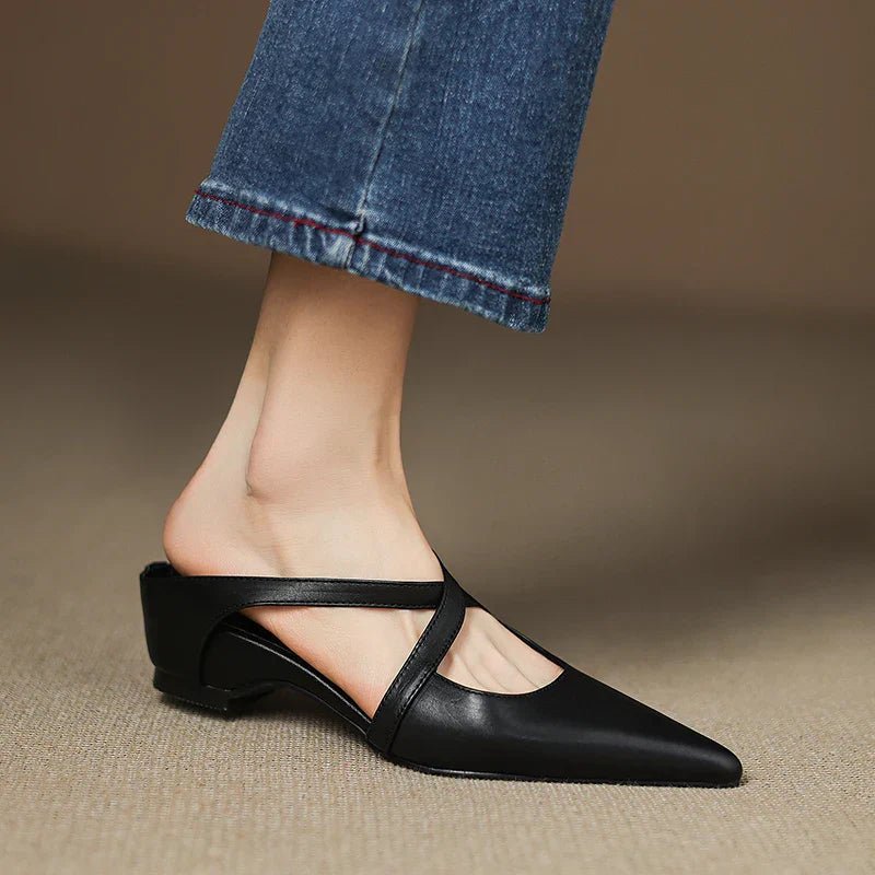 Damen Spitze Echtleder Kreuzriemen Mules mit Absatz