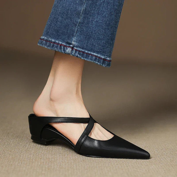 Damen Spitze Echtleder Kreuzriemen Mules mit Absatz