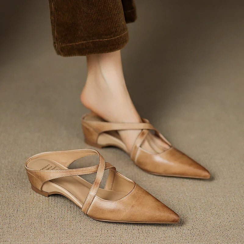 Damen Spitze Echtleder Kreuzriemen Mules mit Absatz - Apricot