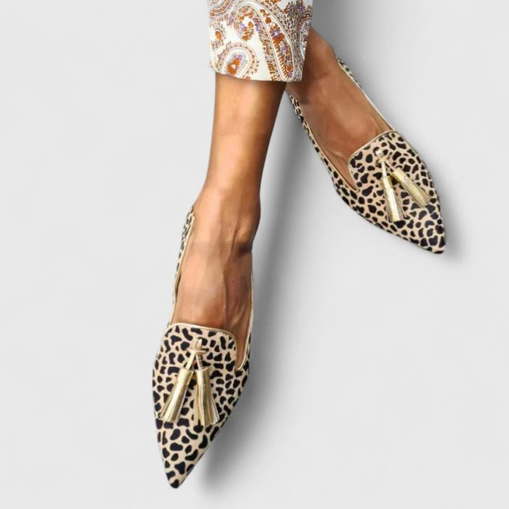 Damen Spitze Leopardenmuster Quasten Loafers Flache Slipper - Gold