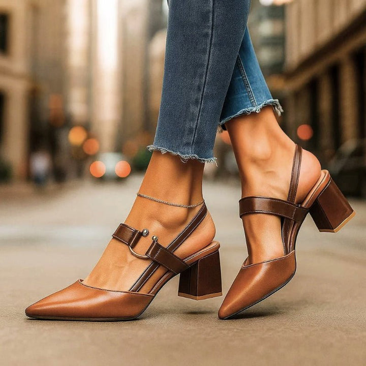 Damen Spitze T-Strap Blockabsatz Pumps - Brown