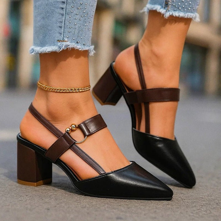 Damen Spitze T-Strap Blockabsatz Pumps - Black