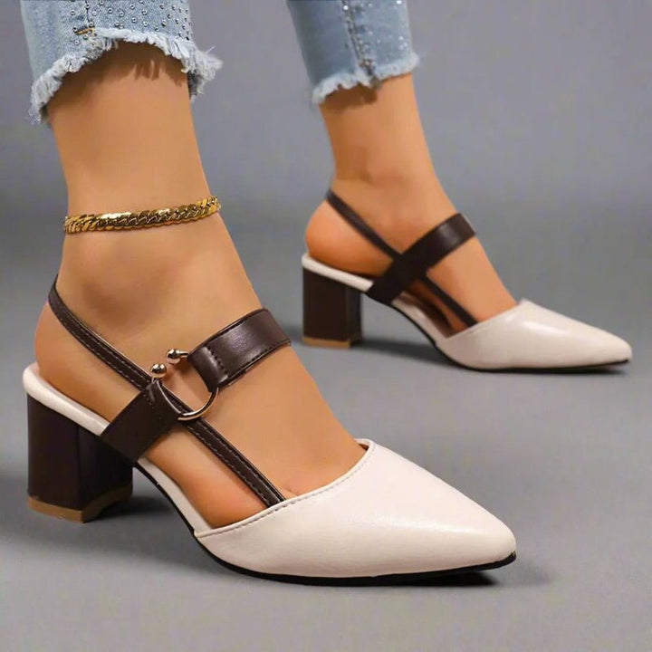 Damen Spitze T-Strap Blockabsatz Pumps - Beige