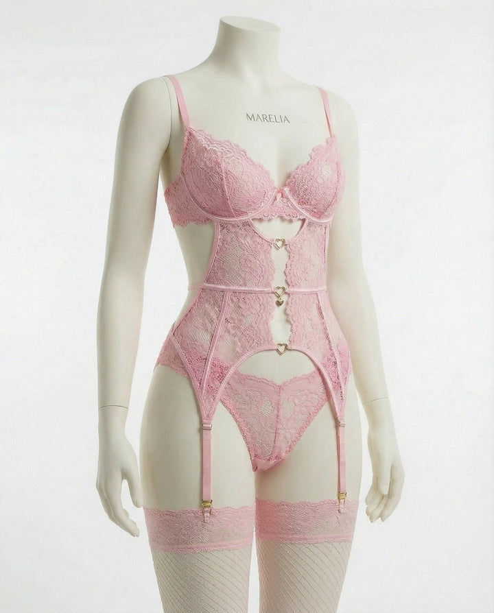 Damen Spitzen-BH Strumpfgürtel Slip Strümpfe Set