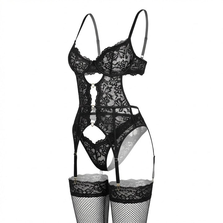 Damen Spitzen-BH Strumpfgürtel Slip Strümpfe Set - Black
