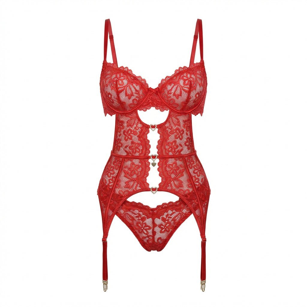 Damen Spitzen-BH Strumpfgürtel Slip Strümpfe Set - Red