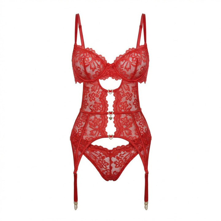 Damen Spitzen-BH Strumpfgürtel Slip Strümpfe Set - Red
