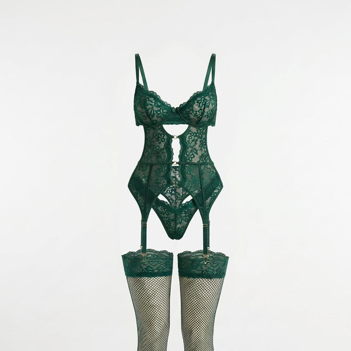 Damen Spitzen-BH Strumpfgürtel Slip Strümpfe Set - Green