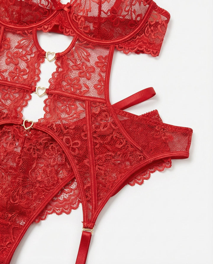 Damen Spitzen-BH Strumpfgürtel Slip Strümpfe Set