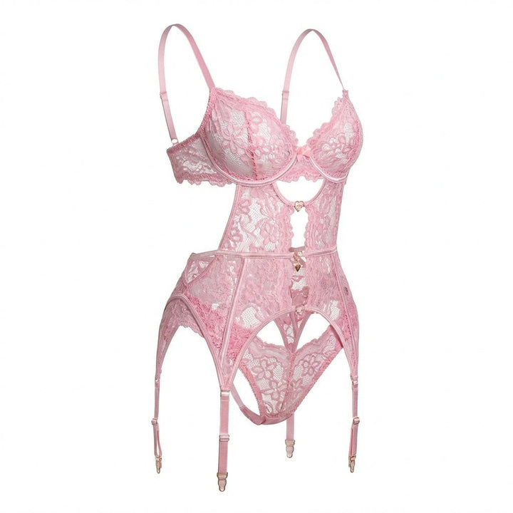 Damen Spitzen-BH Strumpfgürtel Slip Strümpfe Set - Pink
