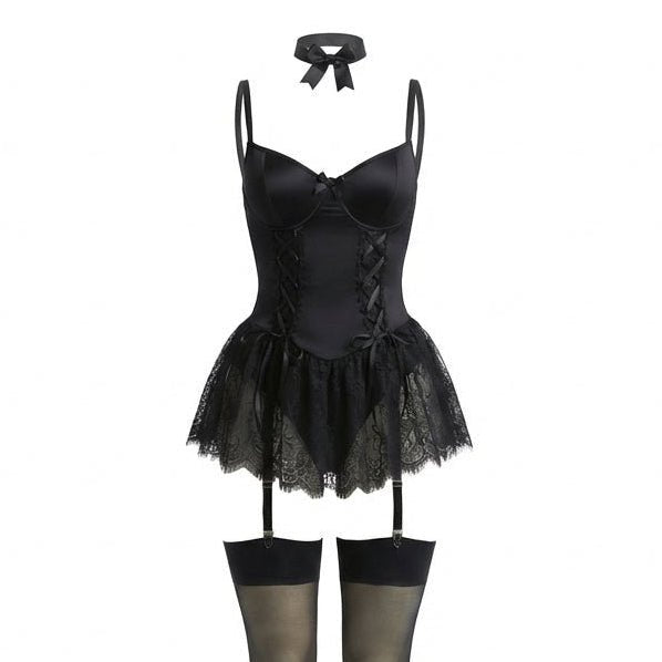 Damen Spitzen Bustier-Body mit Rüschen und Strumpfhaltern - Black