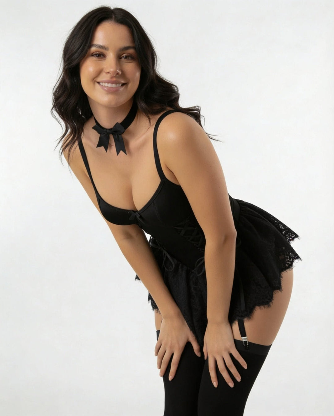 Damen Spitzen Bustier-Body mit Rüschen und Strumpfhaltern