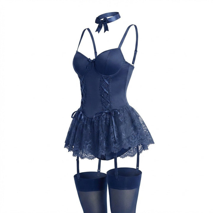 Damen Spitzen Bustier-Body mit Rüschen und Strumpfhaltern - Navy