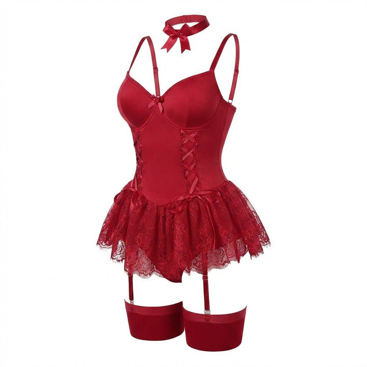 Damen Spitzen Bustier-Body mit Rüschen und Strumpfhaltern - Burgundy