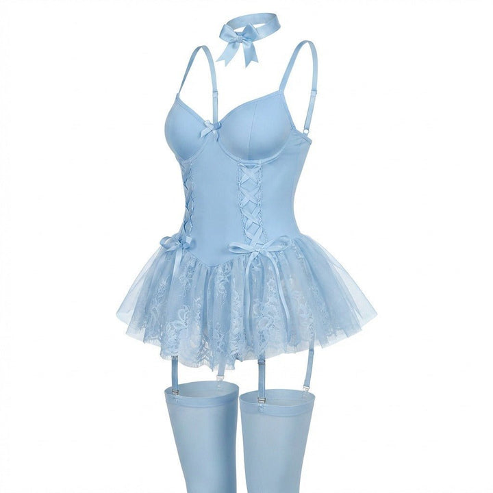 Damen Spitzen Bustier-Body mit Rüschen und Strumpfhaltern - Baby Blue
